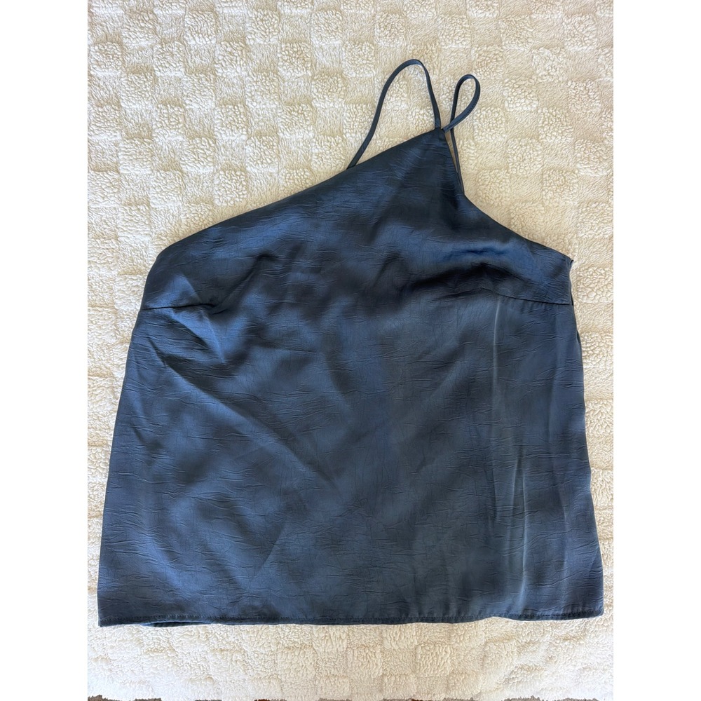 A New Day One Shoulder Satin Crepe Top Womens Large Blue Asymmetrical NWT
